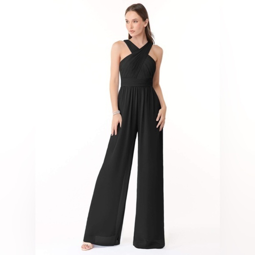 Azazie Berdie Black Halter Chiffon Jumpsuit size 14A